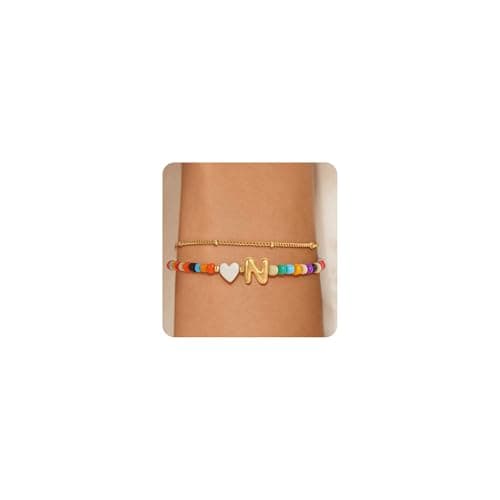 Eaciy Colorful Initial Bracelets for Women - 14K Gold Plated Heart Initial Letter Daint N Charm Bracelet Summer Jewelry Gifts