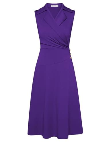GRACE KARIN Women's Purple 2025 Summer Ruched Wrap V-Neck Sleeveless A-Line Dress, Mid-Calf Length, Size S