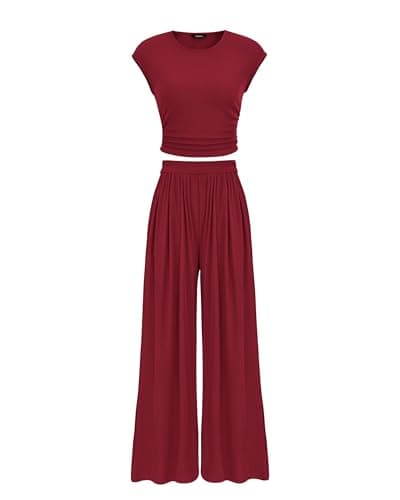 PRETTYGARDEN Women's Summer 2 Piece Set Cap Sleeve Ribbed Knit Ruched Fitted Tops Pleated Flowy Long Pant Matching Sets(Wine Red,Large)