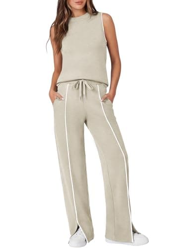 Casly Lamiit Womens 2 Piece Set Summer Outfits Mock Neck Tank Top Front Slit Pants Airport Travel Lounge Wear Striped Tracksuits Dark Beige S