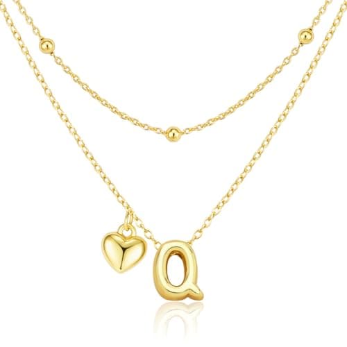 adoyi Easter Basket Stuffers Heart Initial Necklaces for Women Dainty 14K Gold Plated Heart Initial Necklaces Layered Letter Q Pendant Necklace Stack Birthday Valentines Gifts for Women Jewelry
