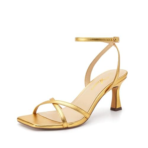 Athlefit Gold Kitten Heels for Women Square Open Toe Strappy Heeled Sandals Ankle Strap Party Dress High Heels for Prom Wedding Size 8.5