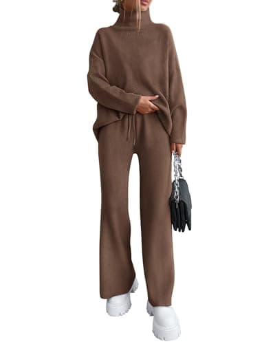 dowerme Women Spring 2 Piece Outfits 2026 Winter High Neck Sweater Sets Drawstring Wide Leg Pant Chunky Knit Lounge Set(Brown,Small)