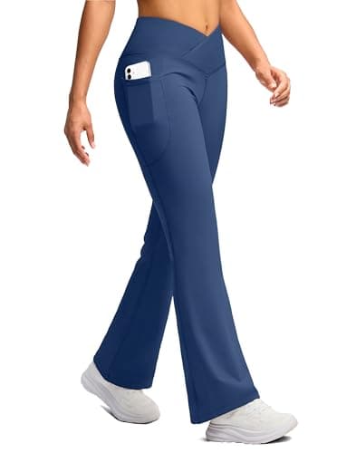 SANTINY Women's Fleece Lined Pants Crossover Yoga Pants High Waisted Bootcut Lounge Water Resistant Thermal Warm Flare Leggings for Women with Pockets 30 Inch(Blue_XS)