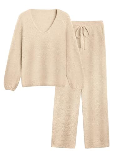 GKBK Womens 2 Piece Outfits Knit Sweater Sets Fuzzy Fleece Long Sleeve Top Wide Leg Pants Loungewear Matching Lounge Set 2026 Fall Winter Tracksuit Baggy Fashion Clothes Beige M
