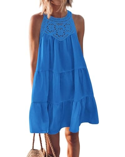 BTFBM Women Summer Dresses 2026 Casual Spring Clothes Sleeveless Halter Neck A-Line Boho Mini Dress Beach Vacation Sundress(Blue, Medium)