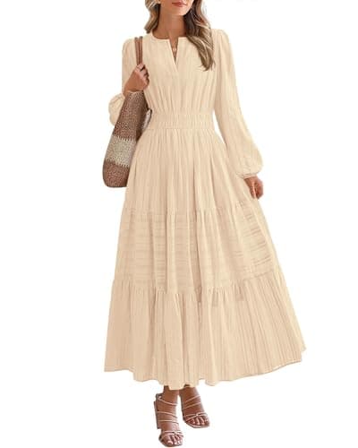 BTFBM Spring Dresses for Women 2026 Casual Long Sleeve V Neck Elastic Waist Lightweight Maxi Wedding Guest Dress Pockets(Apricot, Large)