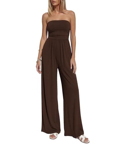 BTFBM Jumpsuits For Women Summer 2026 Beach Vacation Strapless Tube Top Jumpsuit Ruched Casual Wide Leg Pant Rompers(Brown, Large)