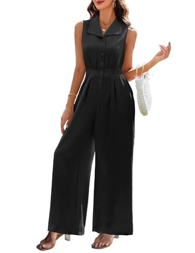 LOOKBOHO Women Summer One Piece Jumpsuit Dressy Sleeveless Casual Vneck Wide Leg Romper Pant Jumper Vacation Outfit(B,M)