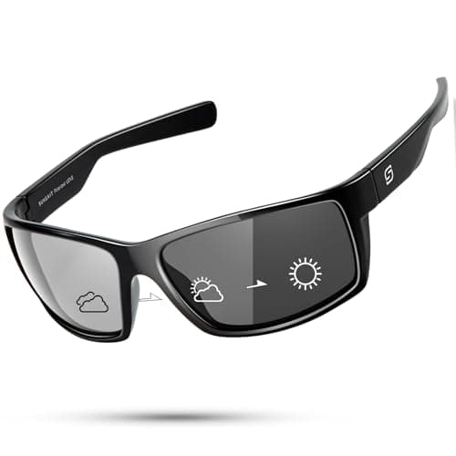 SUNGAIT Polarized Photochromic Sunglasses for Men: Rectangle Sports Sun Glasses UV Protection (Bright Black Frame/Photochromic Lens)