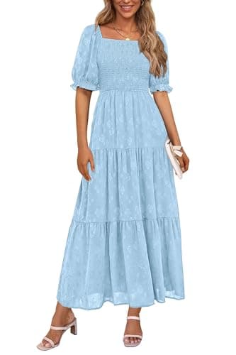 PRETTYGARDEN Women's 2026 Summer Casual Midi Dresses Square Neck Short Sleeve Smocked A Line Floral Flowy Elegant Boho Dress (Light Blue,Medium)