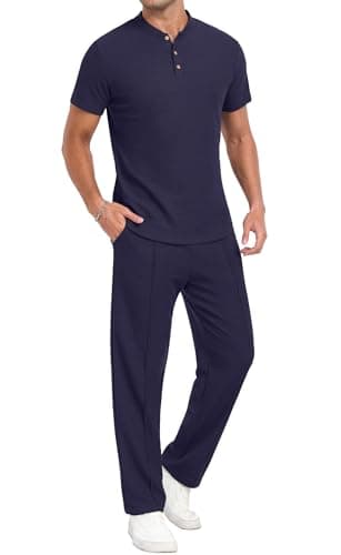 PrinStory Men's Short Sleeve Outfits Waffle Knit Henley Shirt and Pants Set Casual 2 Pieces Summer Tracksuits with Pockets Navy Blue-M