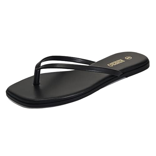 Rihero Black Flip Flops for Women Beach Thong Sandals Summer Comfort Slip On Walking Leather Slide Sandals Size 7.5
