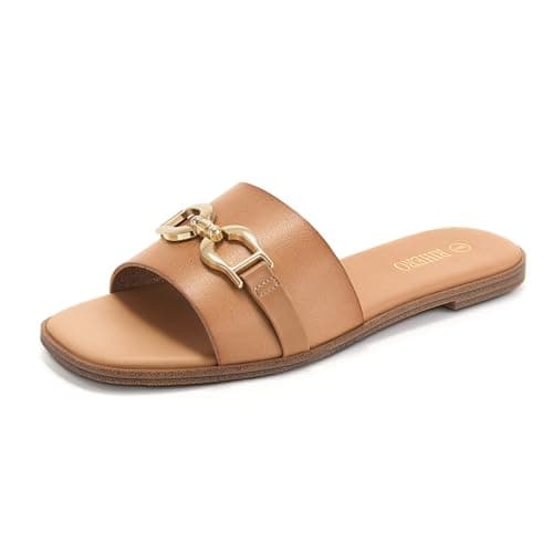 Rihero Slide Sandals Women Comfortable Flat Slides Dressy Summer Square Peep Toe Leather Wide Width Sandals Camel Size 5.5