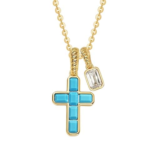Fettero Cross Cross Necklace for Women - 14K Gold Plated Dainty Turquoise Cross Pendant Cute Simple Necklaces Non-Tarnish Faith Gold Necklace for Women Trendy Religious Jewelry Gift