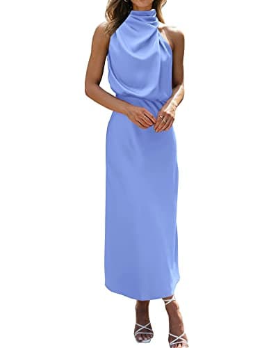 BTFBM Cocktail Dresses for Women Sleeveless Mock Neck Keyhole High Waist Maxi Wedding Guest Dress Spring Clothes 2026(Blue, XX-Large)