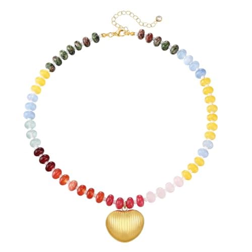 LCTrusttmor Gahna Colorful Boho Beaded Necklace for Women, Shell-Shaped Multilayer Gemstone Choker Jewelry, 18K Gold Plated Natural Stone Beach Surfer Necklace