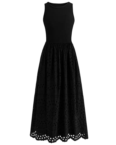 dowerme Women Summer Dresses 2026 Casual Sleeveless Crewneck A-Line Boho Lace Eyelet Cotton Tank Maxi Dress with Pockets(Black,X-Large)