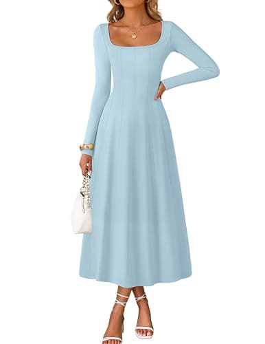 MEROKEETY Women's Fall Dresses 2025 Long Sleeve Square Neck Elegant Classy Winter Cocktail Wedding Guest Midi Dress, LightBlue, Medium