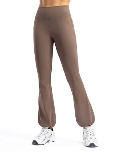 POSHDIVAH Women's Creamluxe Flare Cuffed Leggings Regular High Waisted Yoga Joggers Pants Lounge Casual Workout Sweatpants with Pockets Mocha Mousse Medium