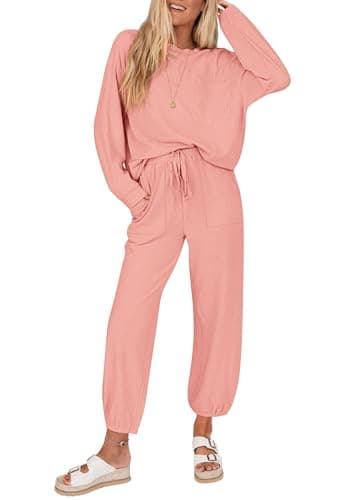 KIRUNDO Lounge Sets for Women 2026 Spring Airport Travel Outfits Ribbed Knit Tops Jogger Pants Tracksuit Postpartum Comfy Set(Pink, Medium)