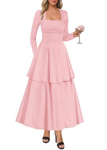 Lazysmile Women's Long Sleeve Fall Dresses Square Neck Ruched Waist Ruffle Hem Flowy Elegant Modest Boho Casual Maxi Dress Pink