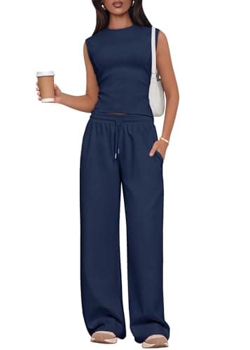 Lazysmile 2 Piece Sets for Women Summer Outfits Lounge Sets Sleeveless Tops Wide Legs Long Pants Tracksuits
