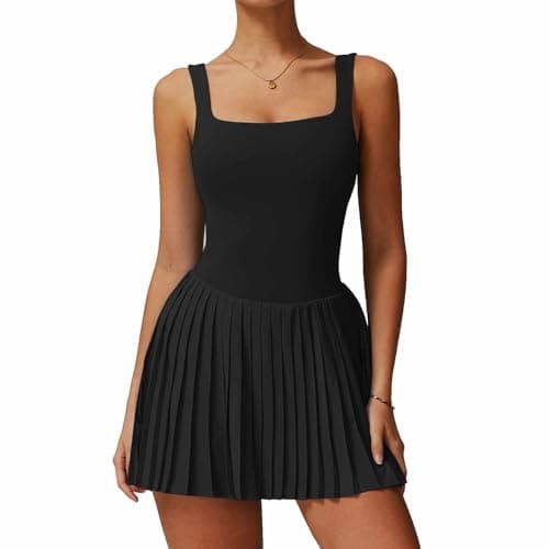 Womens Square Neck Tennis Dress Sleeveless Built in Shorts with Pockets Golf Athletic Dress Black-S
