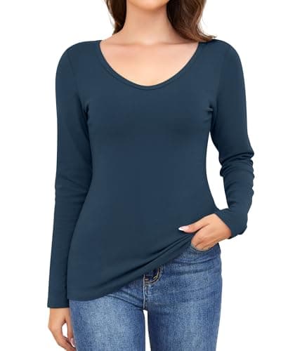 Ganado Long Sleeve Shirts for Women V Neck Thermal Shirt Layering Undershirts Plain Fitted Basic Tops (Dark Blue, XX-Large)