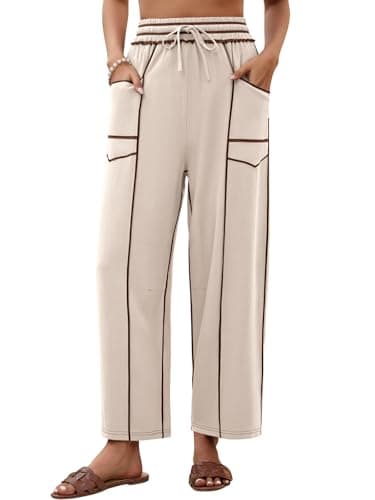 grewley Womens Linen Barrel Pants Baggy Wide Leg Pants Summer Palazzo Drawstring Waist Pants with Pockets Casual Apricot L