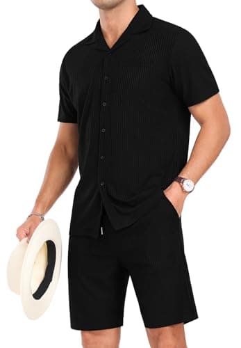 PrinStory Mens Short Sleeve Outfits 2 Piece Summer Beach Button Down Shirts and Shorts Set Tracksuit with Pockets Black-2XL