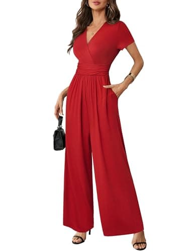 LOOKBOHO Women Jumpsuits 2026 Short Sleeve V Neck Rompers Waist High Waist Wide Leg Pants Dressy Casual One Piece Outfit Red S