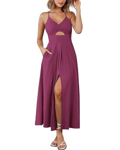 BTFBM Women 2026 Spaghetti Strap Midi Summer Dresses Sleeveless V Neck Cutout Slit Casual Beach Party Maxi Dress Pockets(Purple, Small)