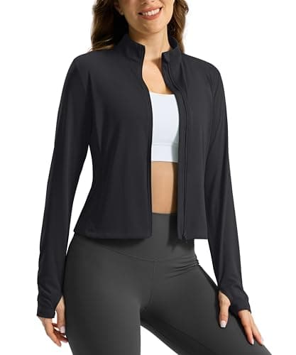 Soothfeel Women's UPF 50+ Sun Protection Athletic Jacket Lightweight Crop Zip Up Long Sleeve SPF Shirts Hiking Workout Pocket Black M