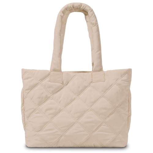 soewten Puffer Tote Bag for Women, Quilted Bag with Zipper, Small Tote HandBags for Work, Travel, Greyish Brown