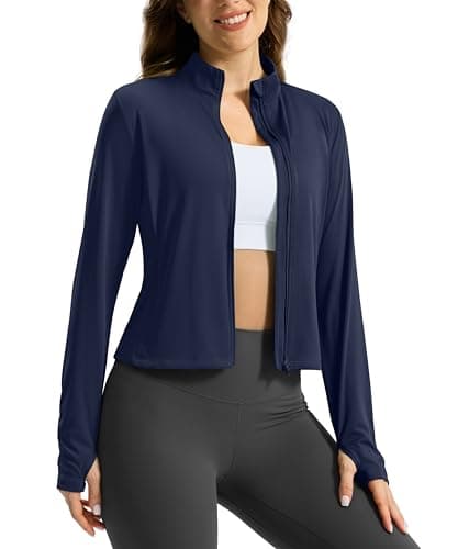 Soothfeel Women's UPF 50+ Sun Protection Athletic Jacket Lightweight Crop Zip Up Long Sleeve SPF Shirts Hiking Workout Pocket Navy S