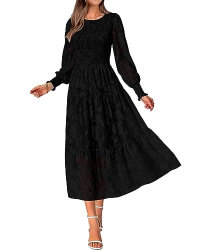 BTFBM Wedding Guest Dresses for Women Fall Fashion 2025 Casual Long Sleeve Floral Maxi Boho Homecoming Dress(Black,Large)