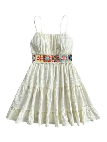 MakeMeChic Women's Floral Boho Mini Dress Spaghetti Strap Shirred Flowy A Line Cami Dresses Apricot X-Large