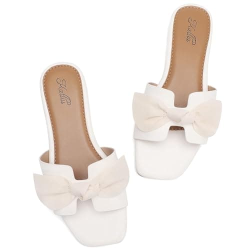 katliu Women's Bow Flat Sandals Square Open Toe Dressy Slide Sandals Slip On Summer Sandals for Wedding Party White 8