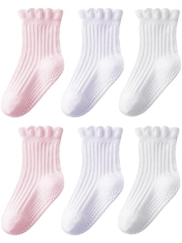 ALLOVIN 6 Pairs Non-Slip Ruffle Lace Socks for Baby & Toddler Girls – Soft Cotton Grip Socks | Pure White/Off-White/Pink | 3-5 Years