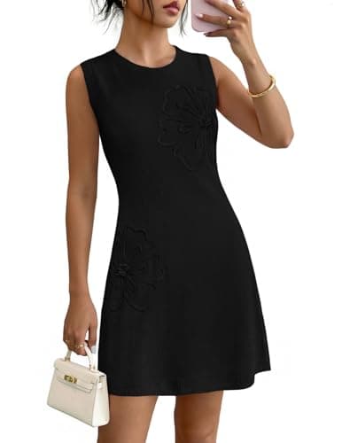 MEROKEETY Women's Cute Floral Knitted Mini Dress 2026 Spring Summer Sleeveless Tank Crew Neck A Line Short Sweater Dresses, Black, X-Large