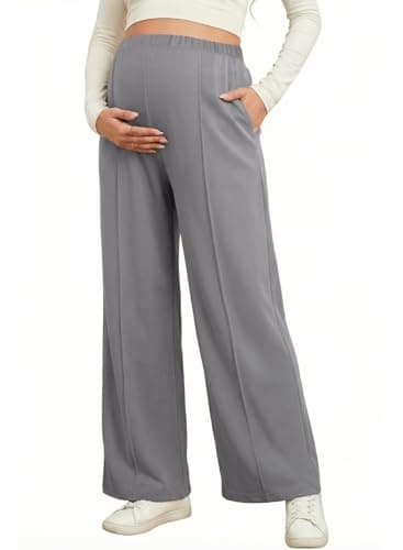 BLENCOT Women's Maternity Pants Spring Adjustable High Waisted Wide Leg Pregnancy Trousers Office Clothes Stretch Maternity Dress Pants with Pockets Grey S