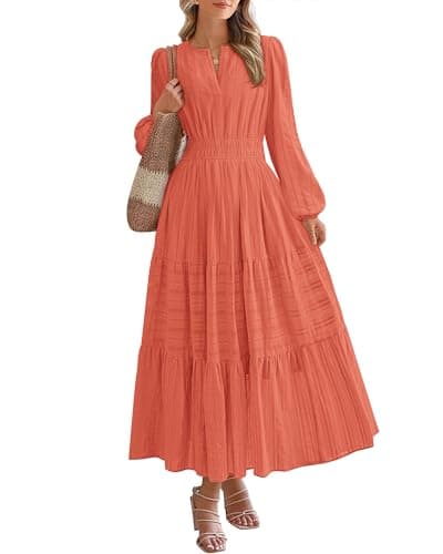 BTFBM Spring Dresses for Women 2026 Casual Long Sleeve V Neck Elastic Waist Lightweight Maxi Wedding Guest Dress Pockets(Orange, X-Large)