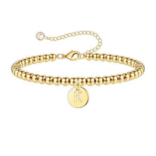 Turandoss Gold Initial Bracelet – K Alphabet Disc Bead Jewelry, Minimal Letter Charm Design