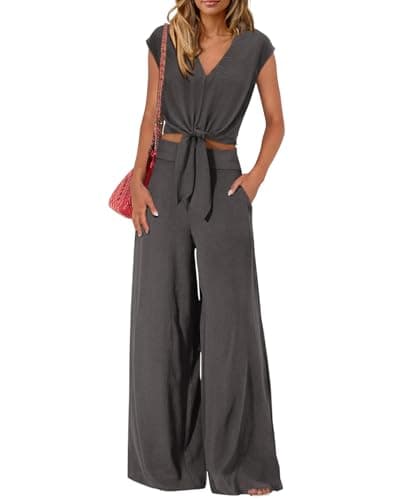 PRETTYGARDEN Women's Summer 2 Piece Outfits 2026 Cap Sleeve V Neck Belted Crop Tops Wide Leg Pant Sets Casual Tracksuit(Solid Dark Grey,Medium)