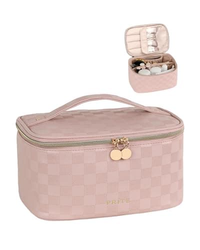Prite Makeup Bag, Large Capacity Portable Travel Cosmetic Bag, Waterproof Makeup Organizer for Women with Handle and Divider (001 Checkered Pink)
