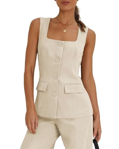 Tankaneo Women's Single Breasted Vests Square Neck Sleeveless Slim Fitted Work Office Waistcoats