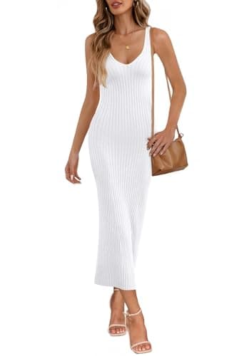 MEROKEETY Womens 2025 Summer V Neck Knit Midi Dress Bodycon Casual Sleeveless Ribbed Party Sweater Dresses,White,S