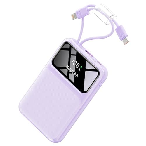 Kuulaa 10000mAh Portable Charger with Built-in USB-C & Lightning Cables, Slim Travel Power Bank with LED Display, 22.5W Fast Charging for iPhone 17/16/15/14/13/12 Android, Purple