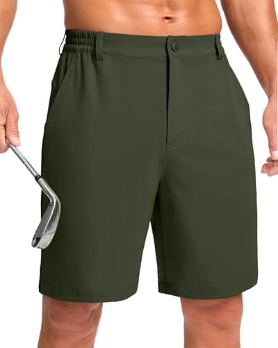 Pudolla Men's Casual Shorts 9" Lightweight Golf Shorts with 3 Pockets Stretch Quick Dry Comfy Work Shorts(Army_Green 9_M